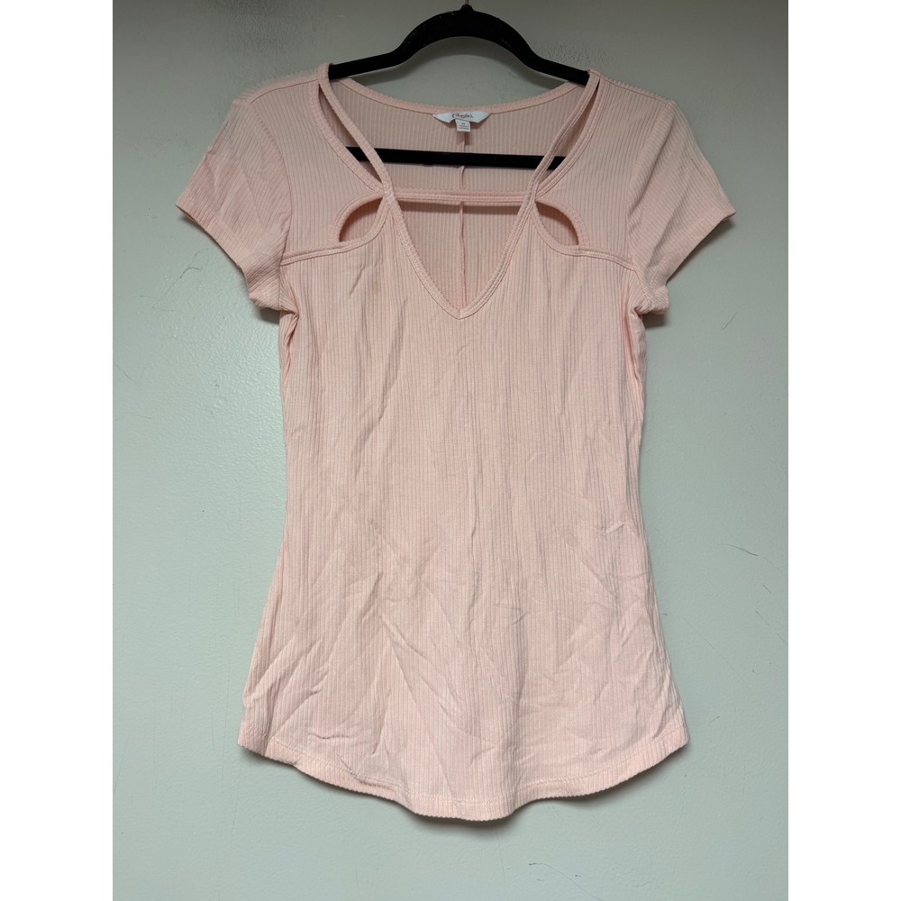 Candie's Ribbed Cutout V-Neck Top Women Medium Pink Excellent Short Sleeve Strap